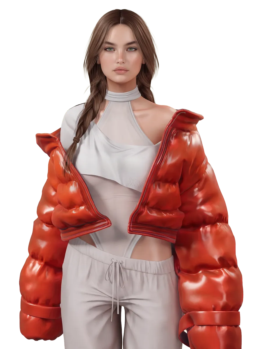 Evolution mesh head, full body, wearing a coral cropped puffer jacket and white styling.