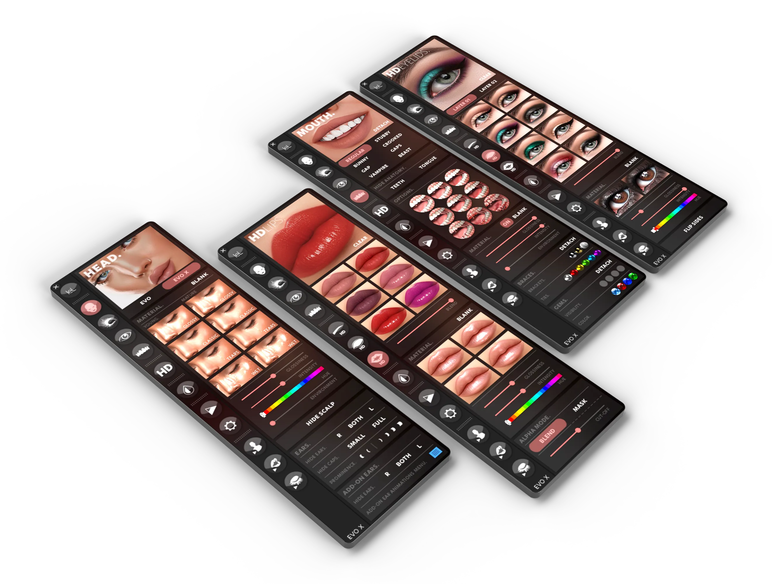 Evolution main HUD: four panels showing Head, Mouth, HD Lips, and HD Eyelids controls in an isometric arrangement.
