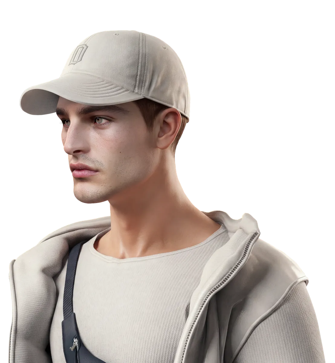 Evolution mesh head in three-quarter profile, wearing a beige cap and zip-up hoodie.