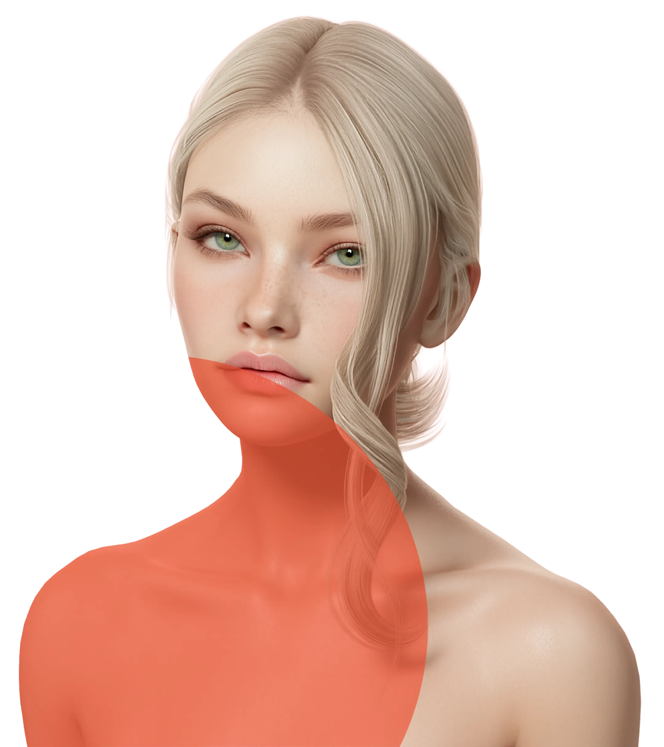 Evolution mesh head, head and shoulders, with a coral circle composited in front.